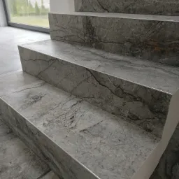 Schody wykończone płytkami imitującymi marmur, z metalowymi listwami krawędziowymi, widoczne z bliska, z oknem w tle.