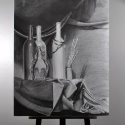 Ręcznie rysowany ołówkiem martwa natura z butelkami, dzbankiem i draperia na sztaludze z widocznymi klamrami mocującymi.