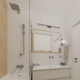 Nowoczesna łazienka w jasnych barwach z drewnianymi akcentami, kabiną prysznicową typu walk-in, lustrem w drewnianej ramie i minimalistyczną armaturą.