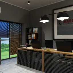 Nowoczesne biuro z długim drewnianym biurkiem, trzema laptopami, czarnymi krzesłami, regałem z segregatorami, zegarem ściennym, klimatyzatorem i obrazem w czarnej ramie z logo firmy Marcus.