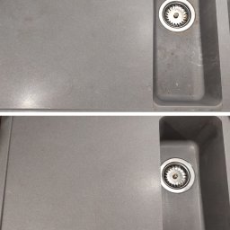 eMKa Usługi Sprzątające - Szary zlewozmywak kompozytowy przed i po czyszczeniu, widoczne różnice w czystości powierzchni i odpływu.