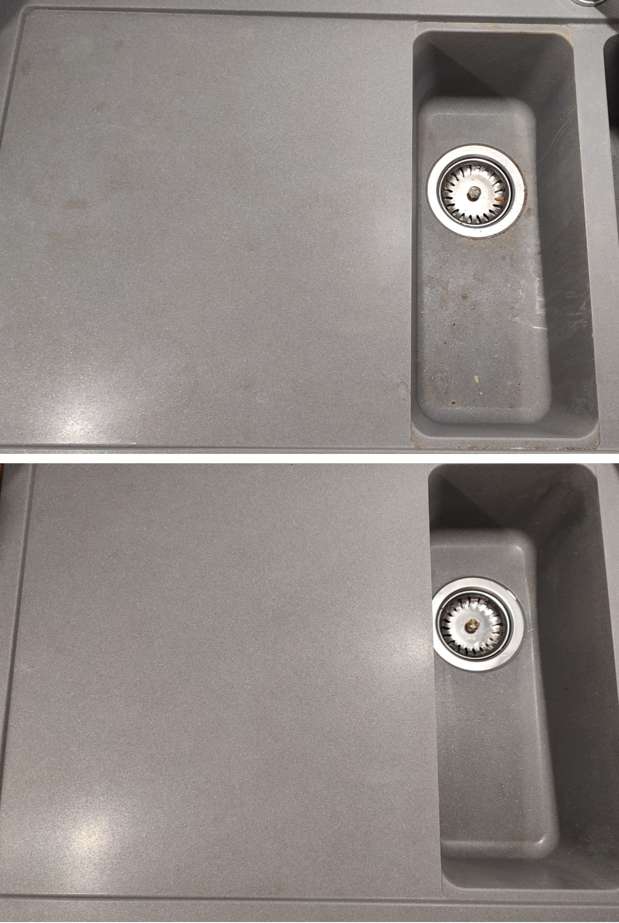 Szary zlewozmywak kompozytowy przed i po czyszczeniu, widoczne różnice w czystości powierzchni i odpływu.