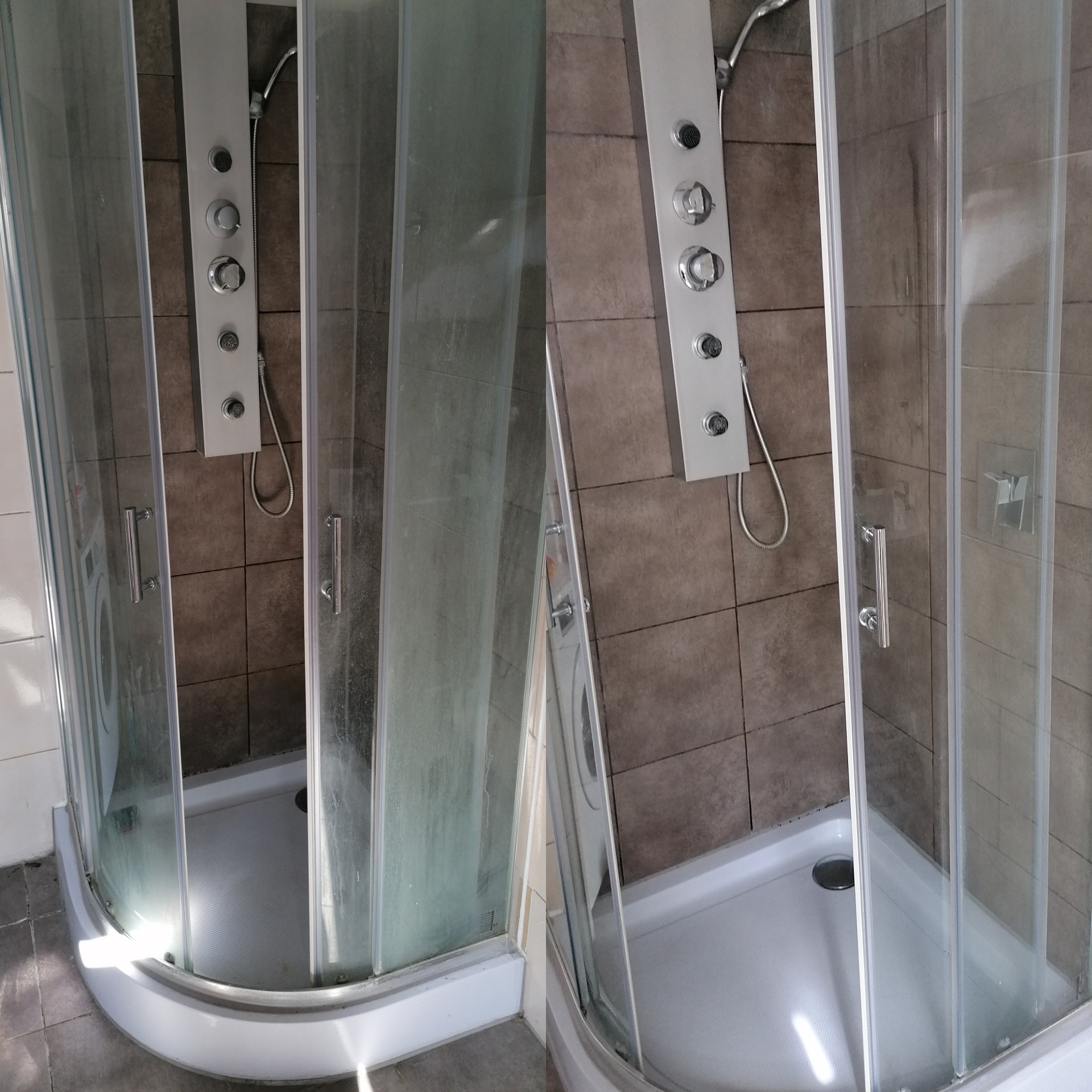 Porównanie kabiny prysznicowej przed i po czyszczeniu, widoczne osady i kamień usunięte z szyb i armatury.