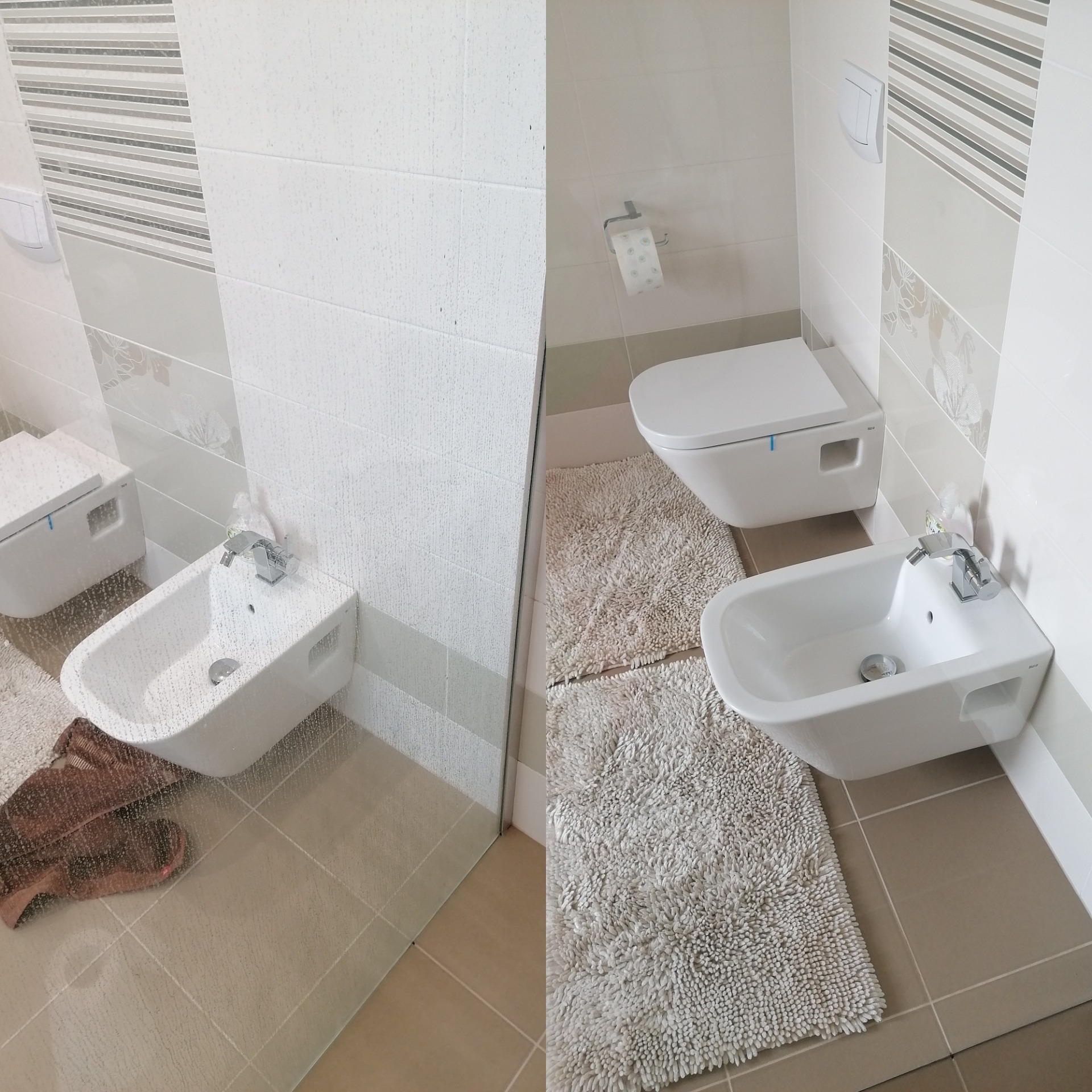 Porównanie stanu bidetu i toalety przed i po czyszczeniu, widoczne krople wody na powierzchniach i czysty ręcznik na podłodze po lewej stronie, oraz puszysty dywanik po prawej.