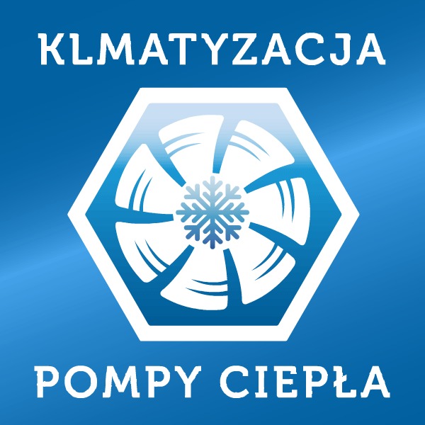 Grafika w odcieniach niebieskiego z białym symbolem wentylatora w sześciokącie i napisem 'KLIMATYZACJA' u góry oraz 'POMPY CIEPŁA' u dołu.