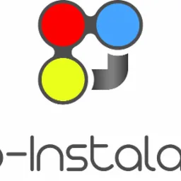 Logo firmy Pro-Instalacje z trzema okręgami w kolorach czerwonym, niebieskim i żółtym, połączonymi szarym elementem w kształcie litery L.