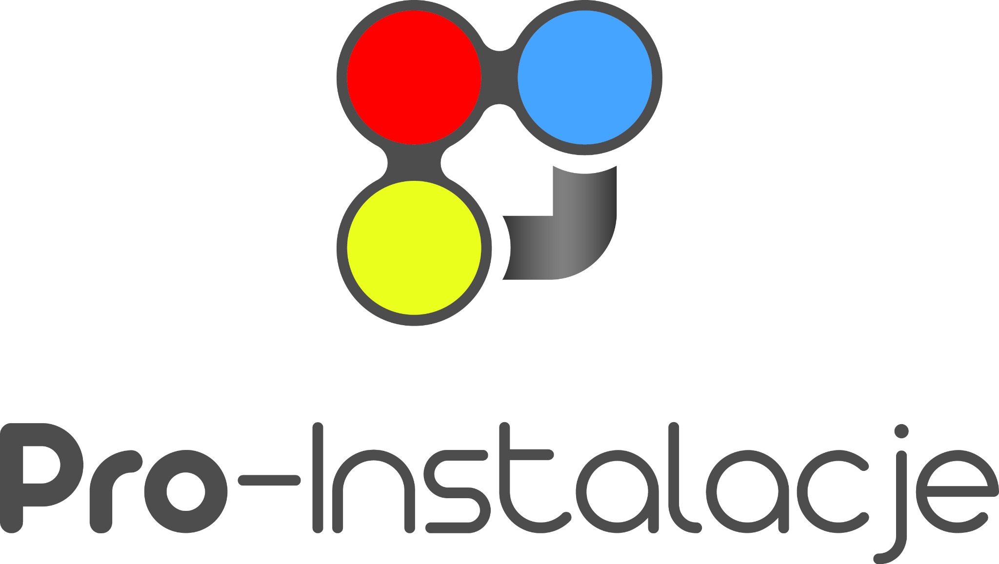 Logo firmy Pro-Instalacje z trzema okręgami w kolorach czerwonym, niebieskim i żółtym, połączonymi szarym elementem w kształcie litery L.