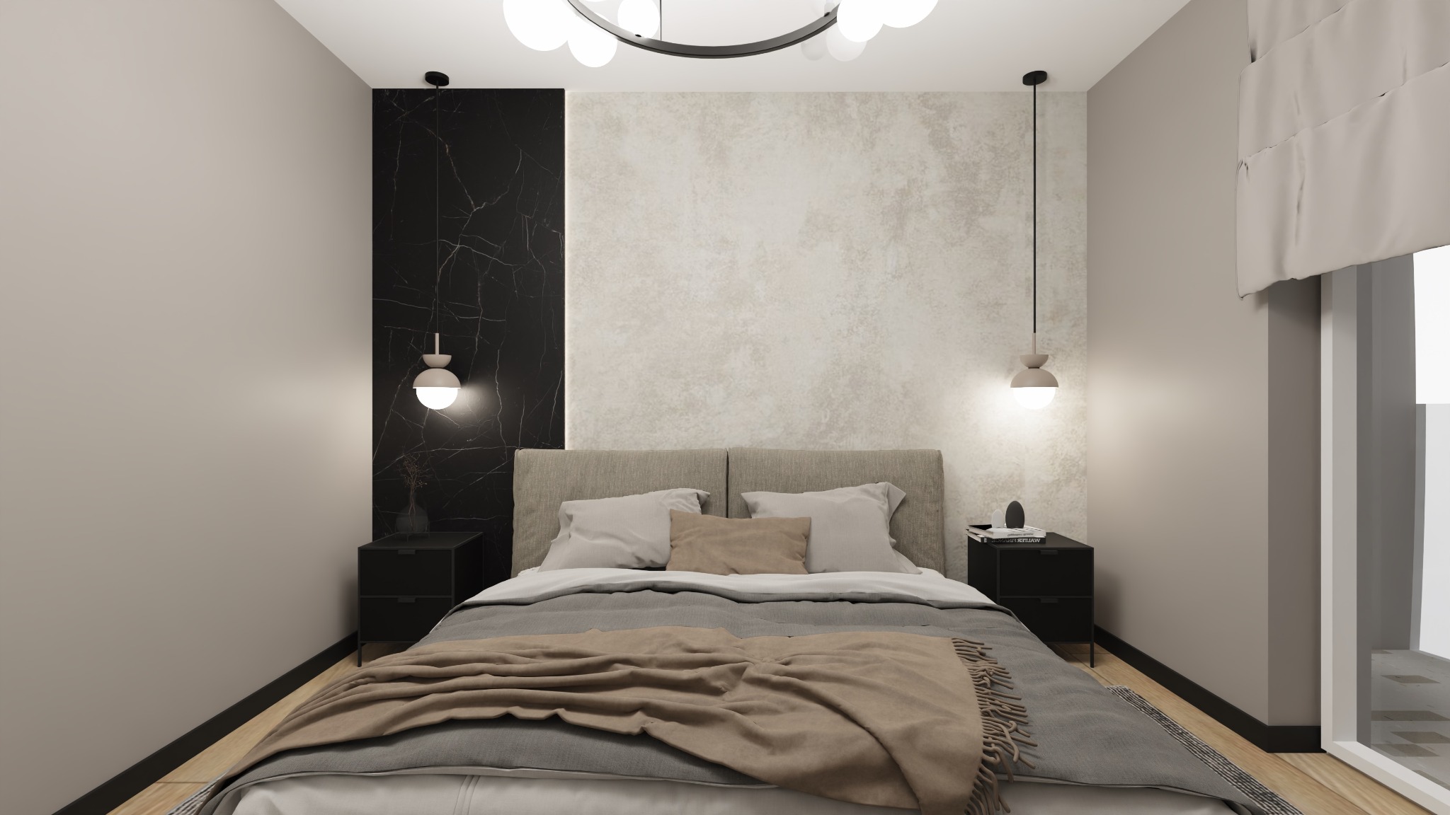 Nowoczesna sypialnia z łóżkiem z szarym zagłówkiem, czarnym marmurem i beżową ścianą, oświetlona wiszącymi lampami i okrągłym żyrandolem.