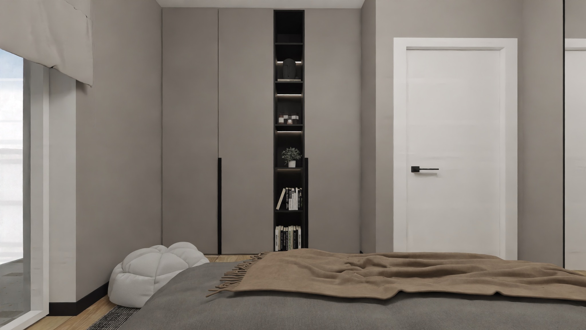 Nowoczesna sypialnia z szarą kolorystyką, minimalistyczną szafą z wbudowanymi półkami podświetlonymi LED, białymi drzwiami i pufą obok łóżka z brązowym pledem.