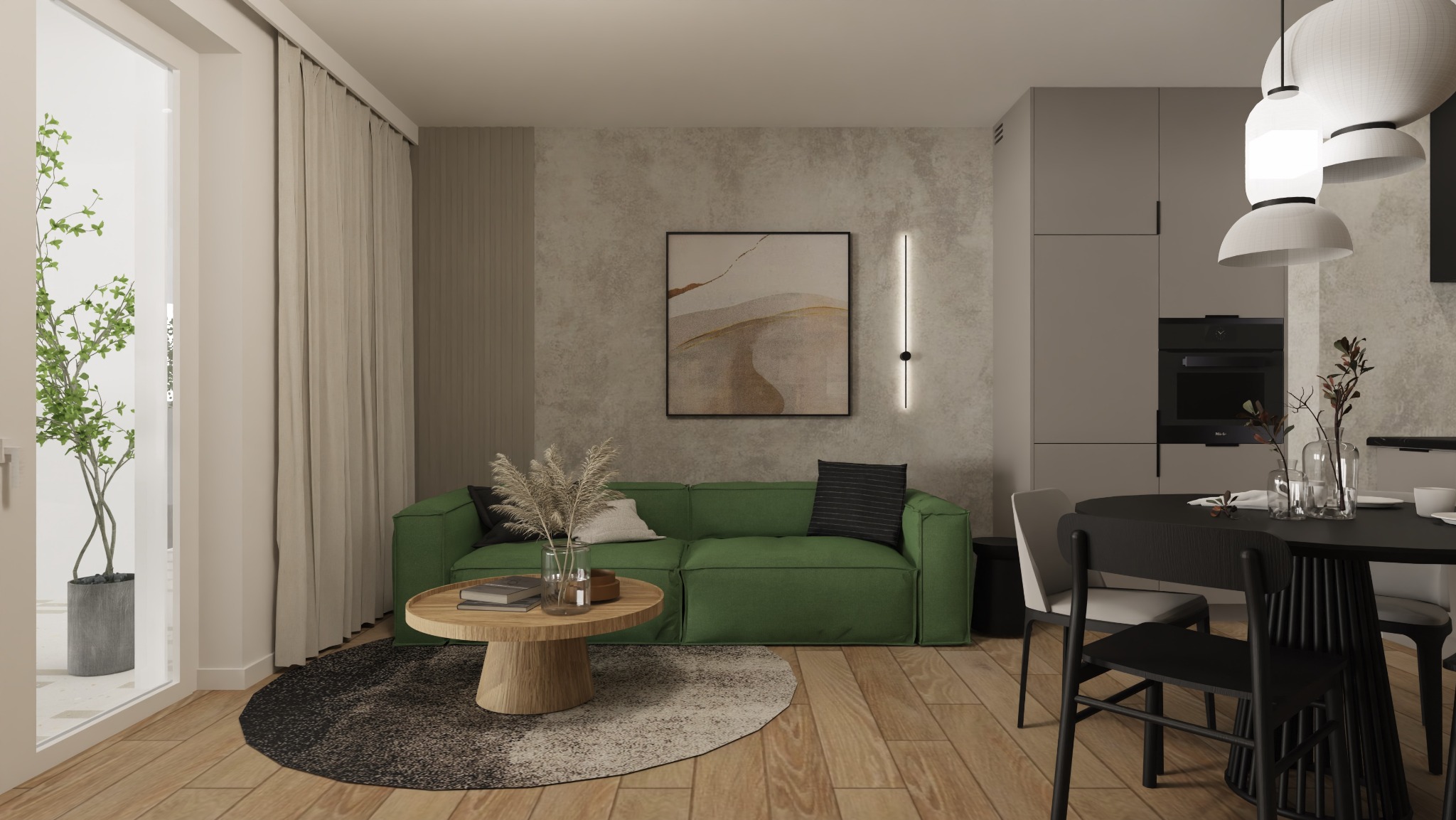 Wizualizacja salonu z zieloną sofą, okrągłym stolikiem kawowym, czarnym dywanem, drewnianą podłogą i aneksem kuchennym z czarnym okrągłym stołem