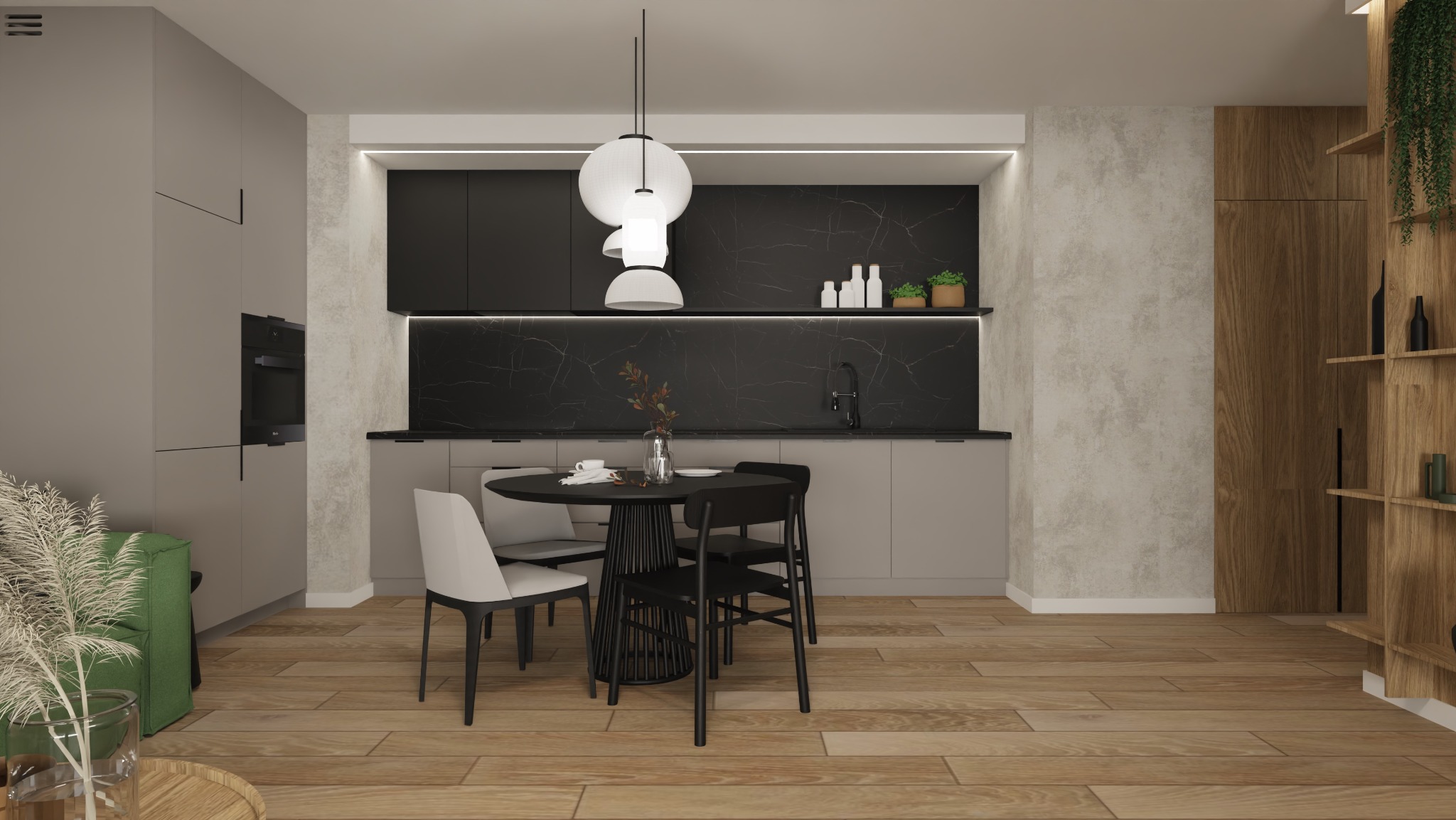 Wizualizacja nowoczesnej kuchni z okrągłym stołem, czarnymi i białymi krzesłami, marmurowym backsplashiem, drewnianą podłogą i wiszącą lampą o nieregularnym kształcie.