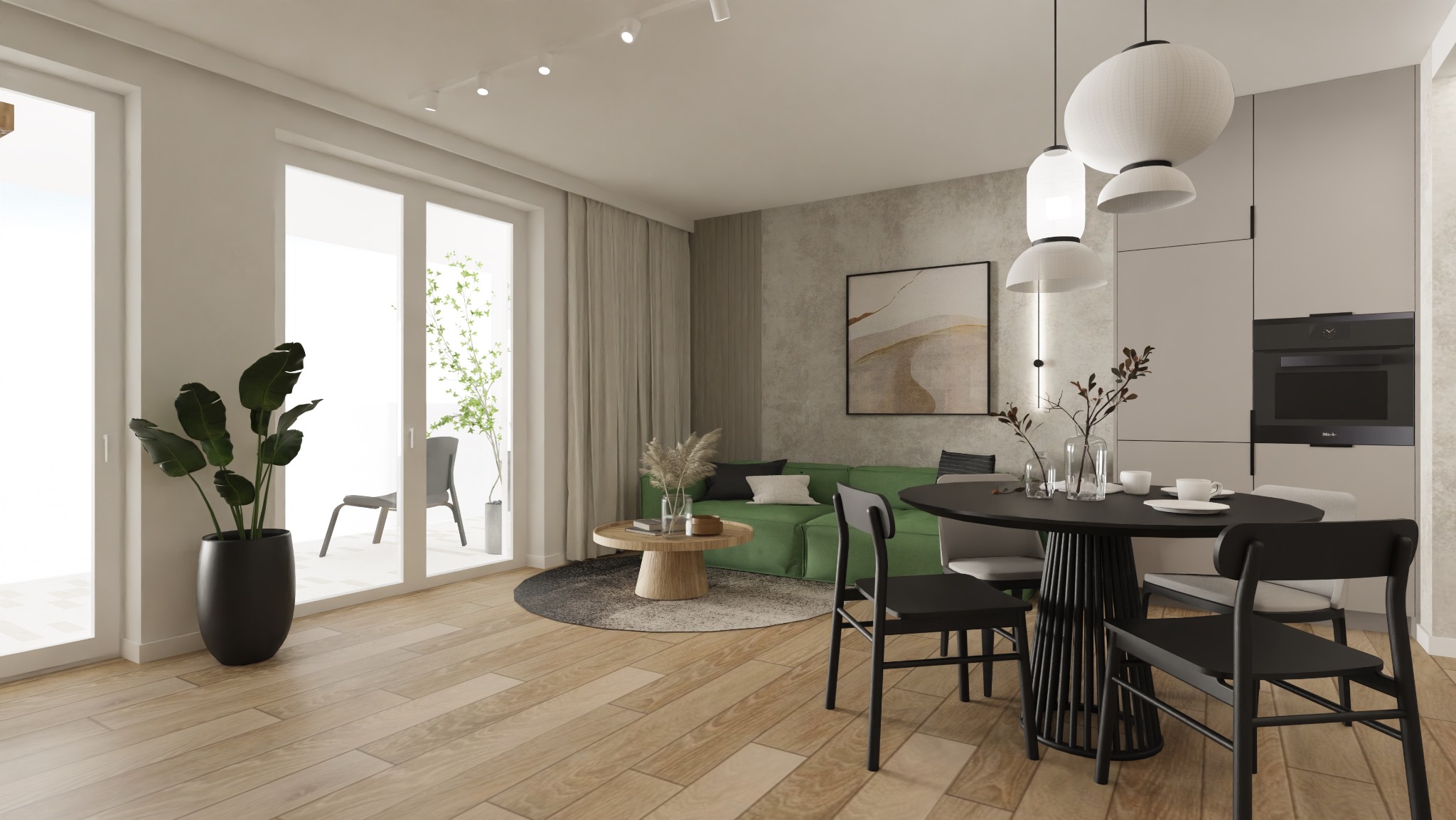 Jasne wnętrze mieszkania z drewnianą podłogą, zieloną sofą, okrągłym stołem z czarnymi krzesłami i roślinami doniczkowymi, oświetlone wiszącymi lampami.