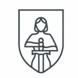 Stylizowana ikona: sylwetka kobiety trzymającej oburącz miecz, umieszczona w tarczy herbowej, cienka linia.