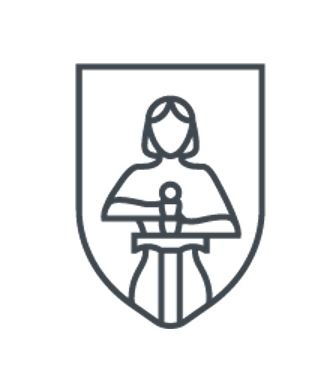 Stylizowana ikona: sylwetka kobiety trzymającej oburącz miecz, umieszczona w tarczy herbowej, cienka linia.