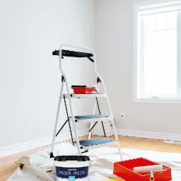 Przygotowanie do malowania ścian w jasnym pokoju: wiadro z masą naprawczą, drabina malarska z kuwetą i wałkiem, folia ochronna na podłodze.