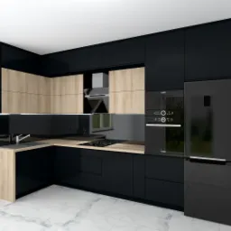 Wizualizacja nowoczesnej kuchni z czarnymi szafkami dolnymi i drewnopodobnymi szafkami górnymi, czarnym blatem, sprzętem AGD marki Bosch i marmurową podłogą, widok z okna na zieleń.