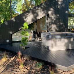 Green Building - Nowoczesny taras z ciemnego drewna przylegający do budynku o nietypowej architekturze, z jacuzzi i małym drzewkiem zasadzonym bezpośrednio w deski tarasu.