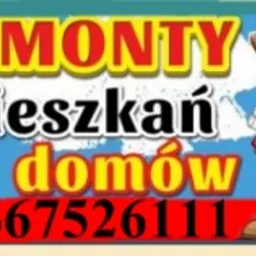 Grafika reklamowa: napis 'Remonty mieszkań domów' w czerwono-białych kolorach na niebieskim tle, rysunkowa postać budowlańca w kasku z planami i pędzlem, żółty kask, numer telefonu w czerwonej ramce.