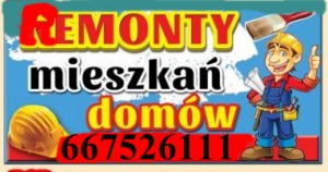 Grafika reklamowa: napis 'Remonty mieszkań domów' w czerwono-białych kolorach na niebieskim tle, rysunkowa postać budowlańca w kasku z planami i pędzlem, żółty kask, numer telefonu w czerwonej ramce.