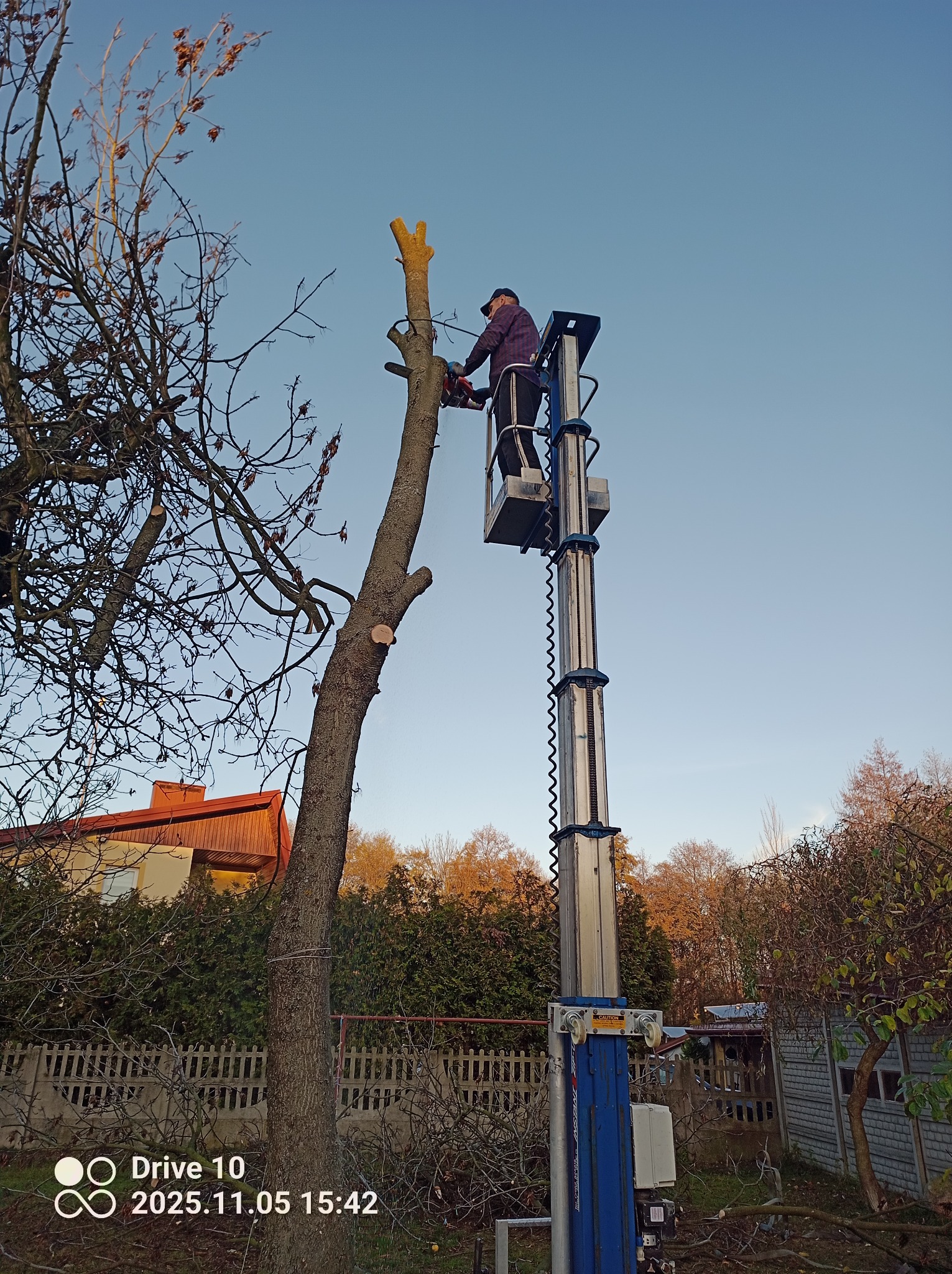 Mężczyzna w podnośniku tnie drzewo piłą spalinową. Widoczne ścięte gałęzie i fragment budynku w tle. Prace ogrodnicze w jesiennym krajobrazie.