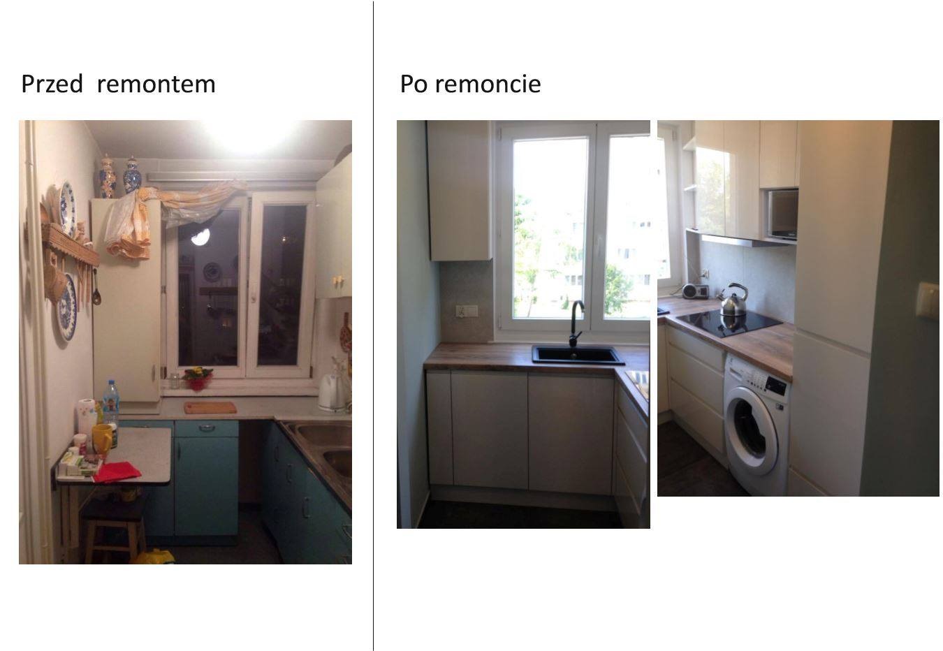 Porównanie kuchni przed i po: stara, zagracona kuchnia z niebieskimi szafkami kontra nowoczesna, jasna kuchnia z białymi meblami, czarnym zlewem i pralką w zabudowie.