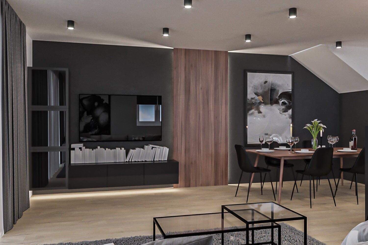 Nowoczesne wnętrze salonu z jadalnią w odcieniach szarości, z drewnianą ścianą, minimalistycznym oświetleniem punktowym, czarnymi meblami i szklanymi stolikami kawowymi.
