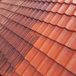 Częściowo wyczyszczony, czerwony dach z dachówki ceramicznej, kontrastujące ze sobą obszary brudne i czyste po myciu.