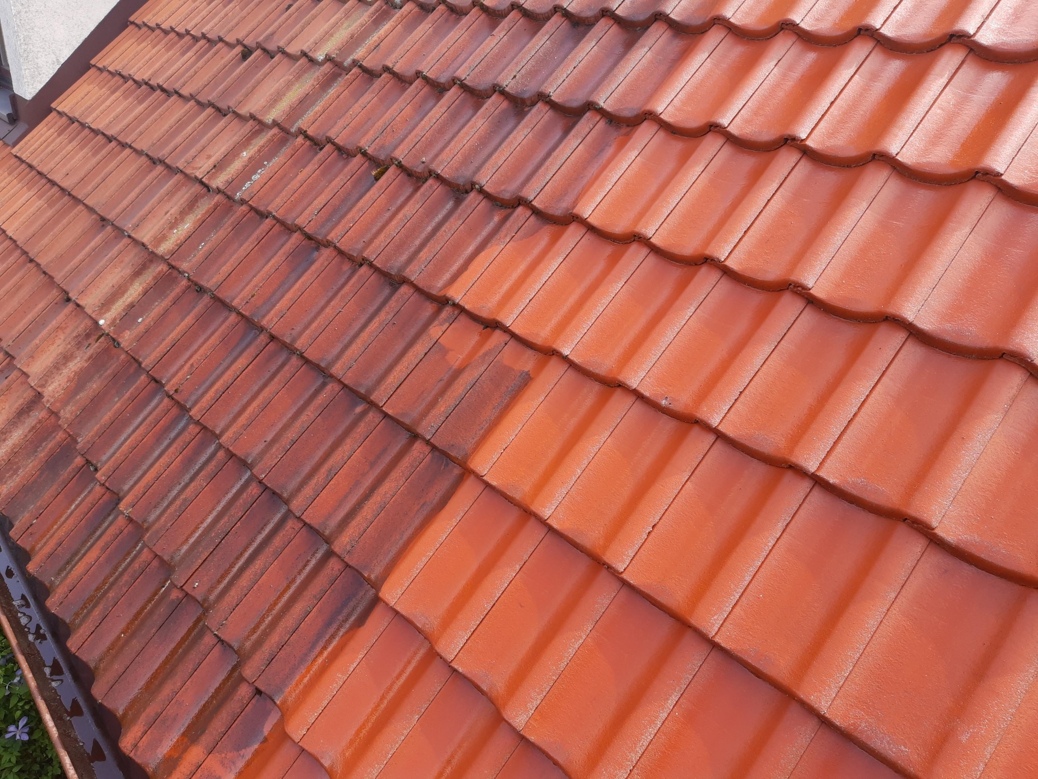 Częściowo wyczyszczony, czerwony dach z dachówki ceramicznej, kontrastujące ze sobą obszary brudne i czyste po myciu.