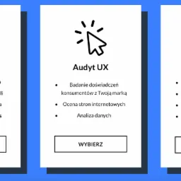 Grafika przedstawiająca trzy moduły usług: Newsletter z ikoną maila, Audyt UX z ikoną kursora i Hosting z ikoną serwera, każdy z listą korzyści i przyciskiem 'Wybierz' na białym tle z niebieskim...