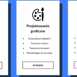 Graficzne przedstawienie trzech obszarów usług: tworzenia logotypu z ikoną pióra, projektowania graficznego z paletą i pędzlem oraz identyfikacji wizualnej z wizerunkiem oka. Każdy obszar zawiera...