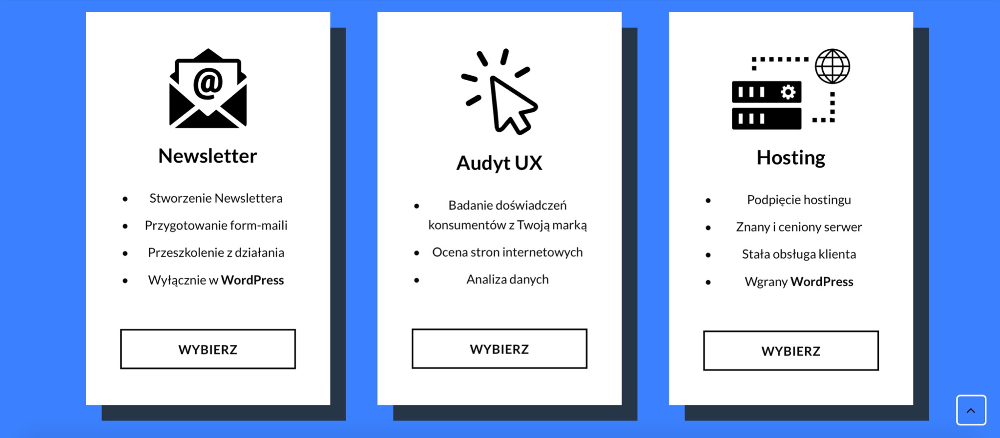 Grafika przedstawiająca trzy moduły usług: Newsletter z ikoną maila, Audyt UX z ikoną kursora i Hosting z ikoną serwera, każdy z listą korzyści i przyciskiem 'Wybierz' na białym tle z niebieskim...