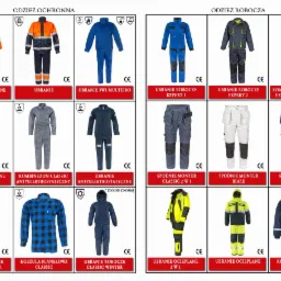 Katalog odzieży roboczej i ochronnej, prezentujący kombinezony, spodnie monterskie, kurtki ocieplane i koszule flanelowe w różnych kolorach i wzorach, z oznaczeniami certyfikatów CE.