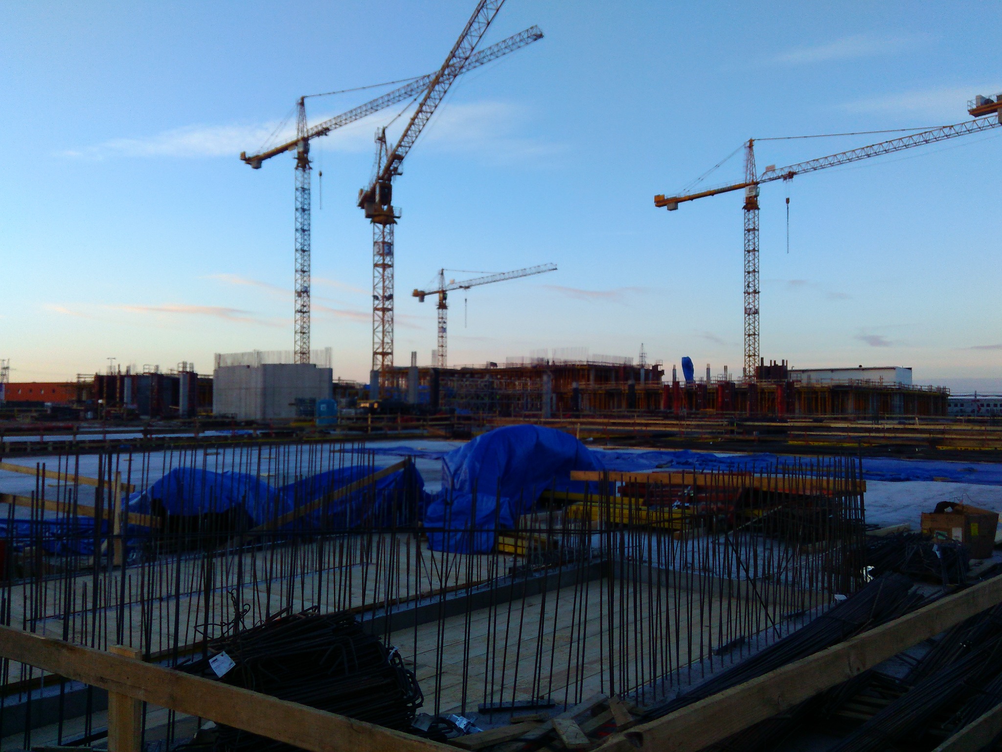 Widok placu budowy z licznymi żurawiami w tle, zbrojenie w pierwszym planie, całość sfotografowana o zmierzchu.