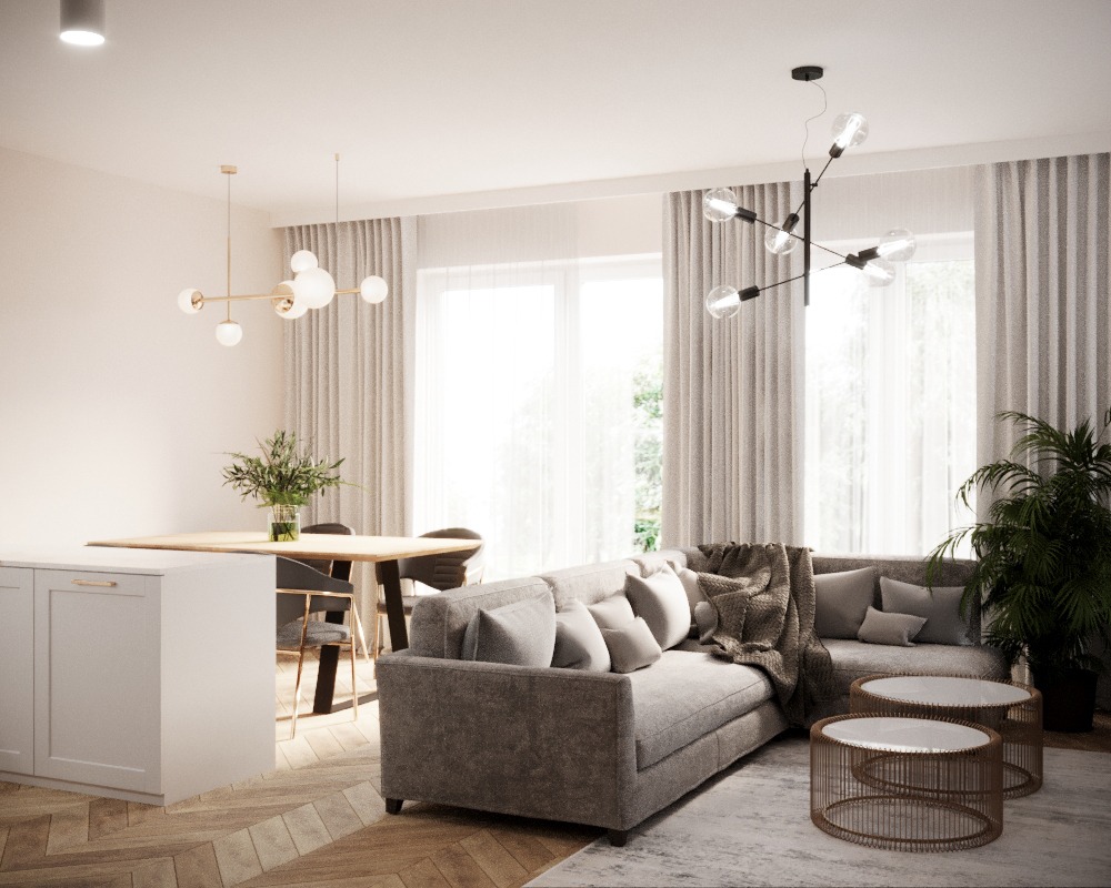 Jasne, przestronne wnętrze: szary narożnik z poduszkami i pledem, stoliki kawowe z metalową podstawą, drewniany stół z krzesłami, nowoczesne lampy sufitowe, parkiet w jodełkę, duże okna z zasłonami.