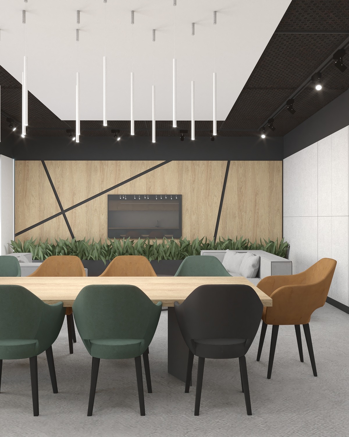 Wizualizacja nowoczesnej sali konferencyjnej z drewnianą ścianą akcentującą, podłużnym stołem z krzesłami w odcieniach zieleni, brązu i czerni, oraz roślinami w tle, oświetlona wiszącymi lampami...