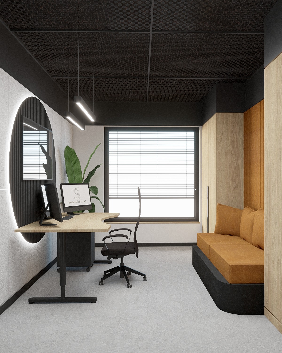 Wizualizacja nowoczesnego biura z biurkiem z regulowaną wysokością, czarnym krzesłem obrotowym i sofą w odcieniach brązu, oświetlonego lampami LED, z perforowanym sufitem i rośliną doniczkową.