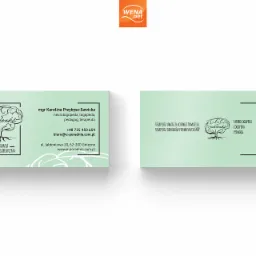 Dwie wizytówki z motywem drzewa i napisem 'Jabłonka', prezentujące dane kontaktowe i specjalizacje poradni neurologopedycznej.