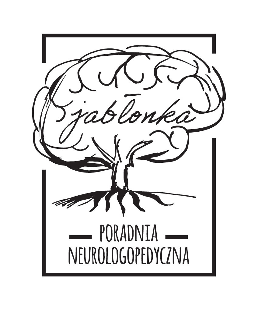 Czarno-białe logo poradni neurologopedycznej przedstawiające stylizowane drzewo z koroną w kształcie mózgu, wpisane w prostokątną ramkę.