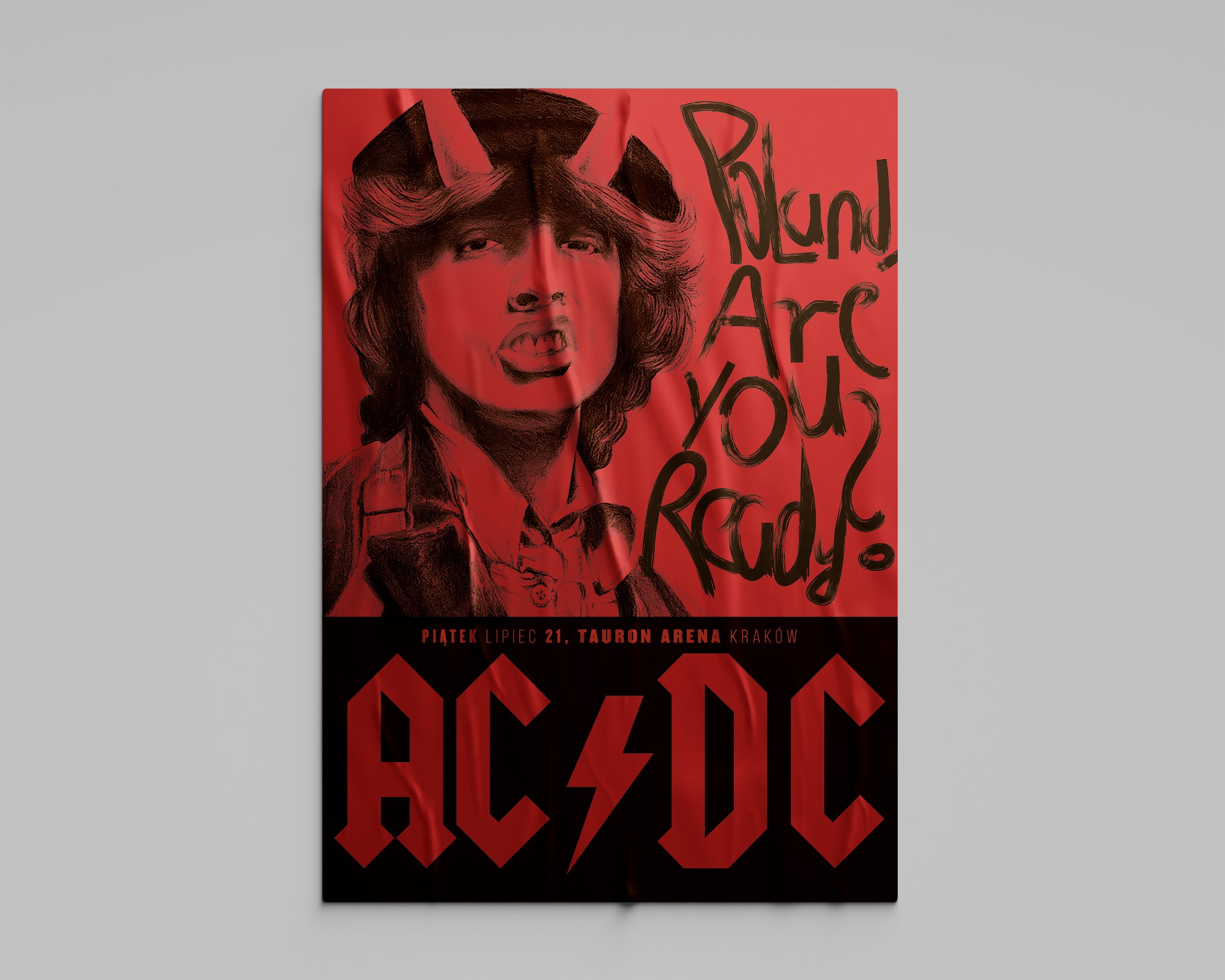 Czerwony plakat reklamujący koncert AC/DC w Tauron Arenie Kraków 21 lipca, z rysunkową podobizną muzyka z rogami i hasłem 'Poland Are You Ready?'
