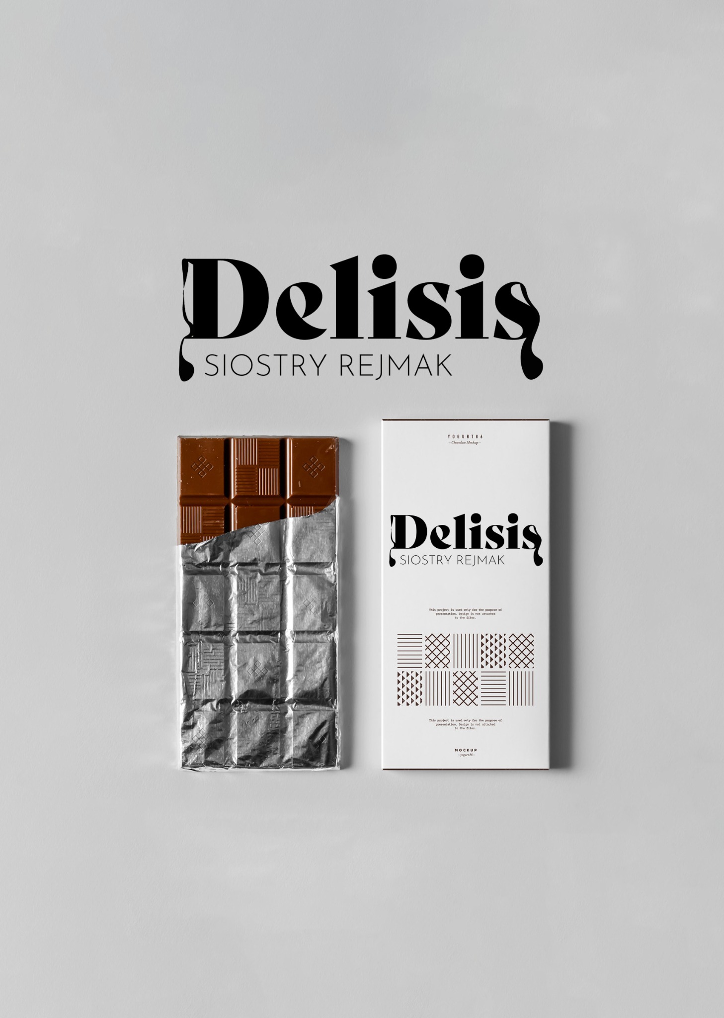 Projekt opakowania czekolady Delisis Siostry Rejmak z częściowo otwartą tabliczką czekolady, prezentowany na jasnym tle.