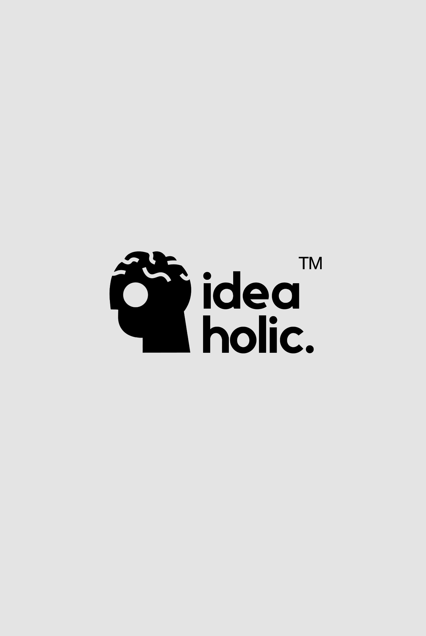 Czarno-białe logo przedstawiające głowę z symbolem mózgu i napisem 'idea holic' z symbolem trademark.