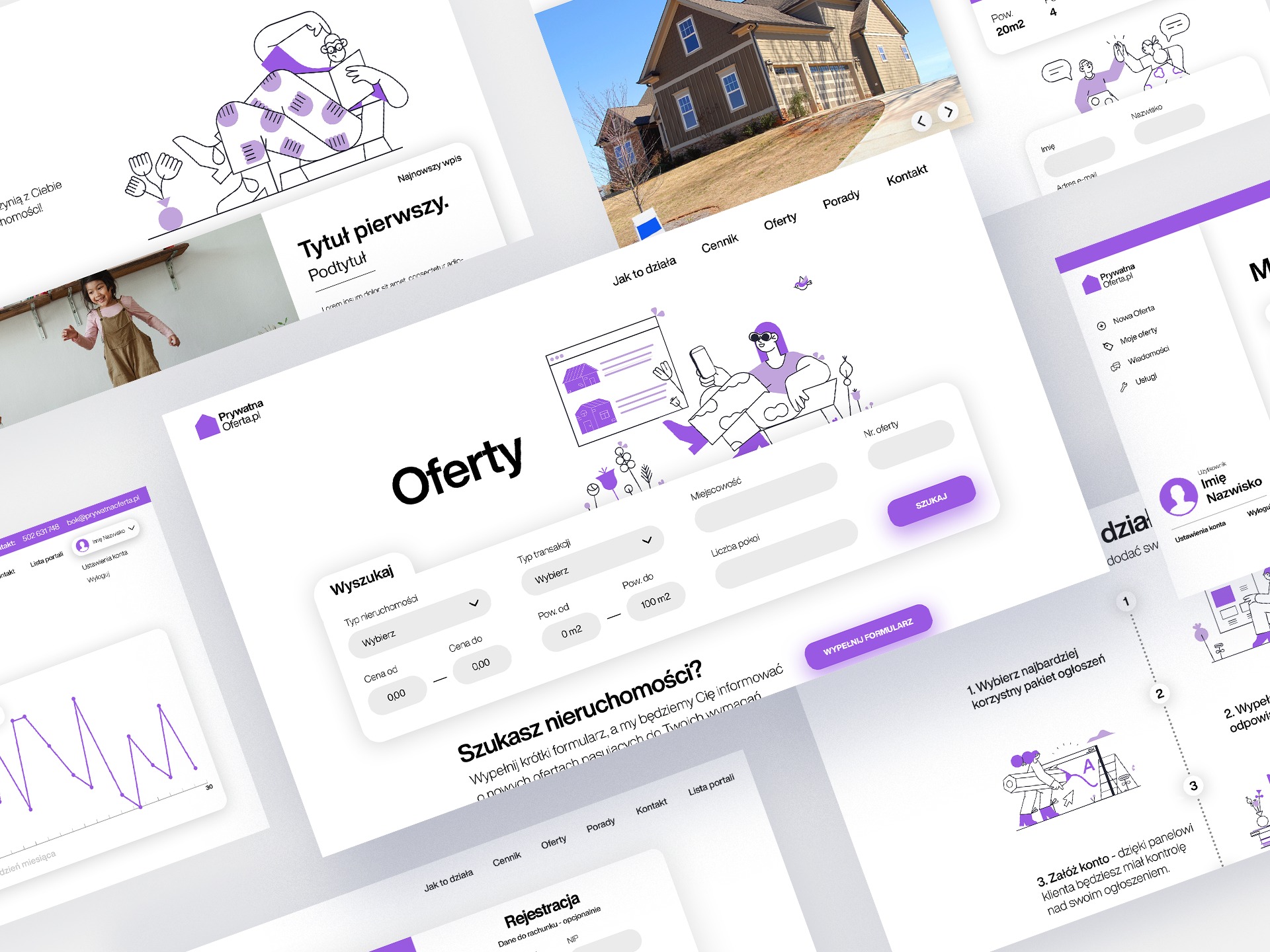 Projekt interfejsu strony internetowej z ilustracjami, formularz wyszukiwania nieruchomości, grafika przedstawiająca proces rejestracji konta i wybór pakietu ogłoszeń.