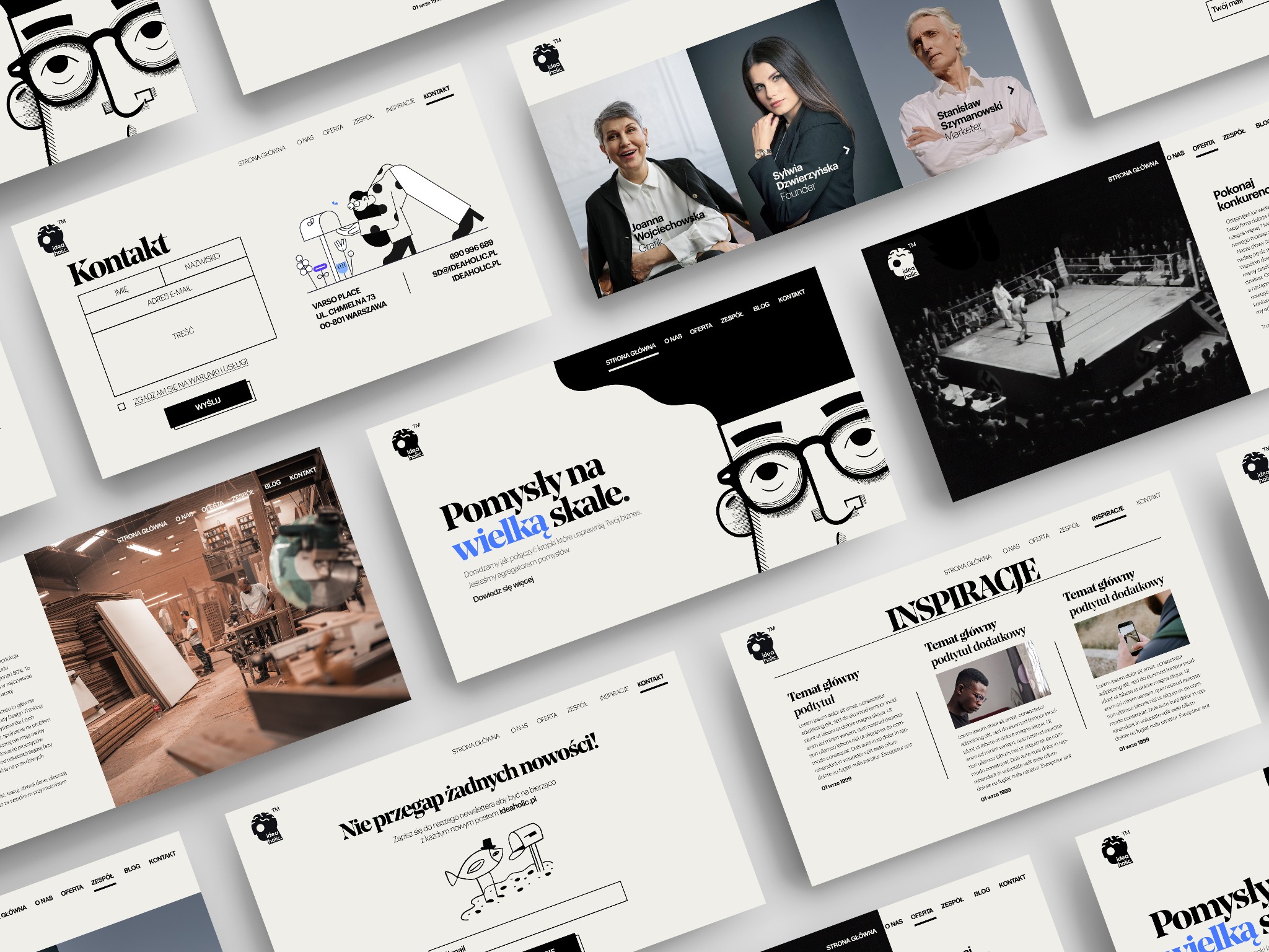 Układ mockupów strony internetowej z różnymi sekcjami, w tym kontakt, zespół, inspiracje i blog, prezentowany na białym tle.