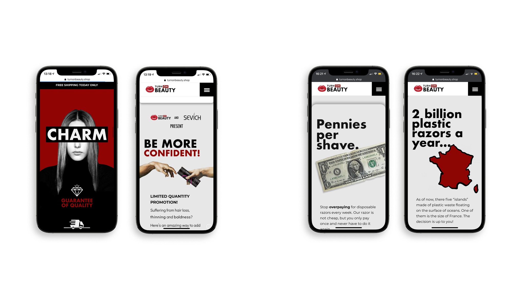 Prezentacja mobilnej strony internetowej z różnymi ekranami promującymi produkty kosmetyczne, w tym produkty do pielęgnacji włosów i maszynki do golenia, z naciskiem na korzyści, promocje i kwestie...