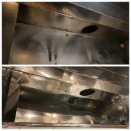 Porównanie stanu okapu kuchennego w restauracji przed i po czyszczeniu, widoczne osady tłuszczu i brudu usunięte z powierzchni stali nierdzewnej.