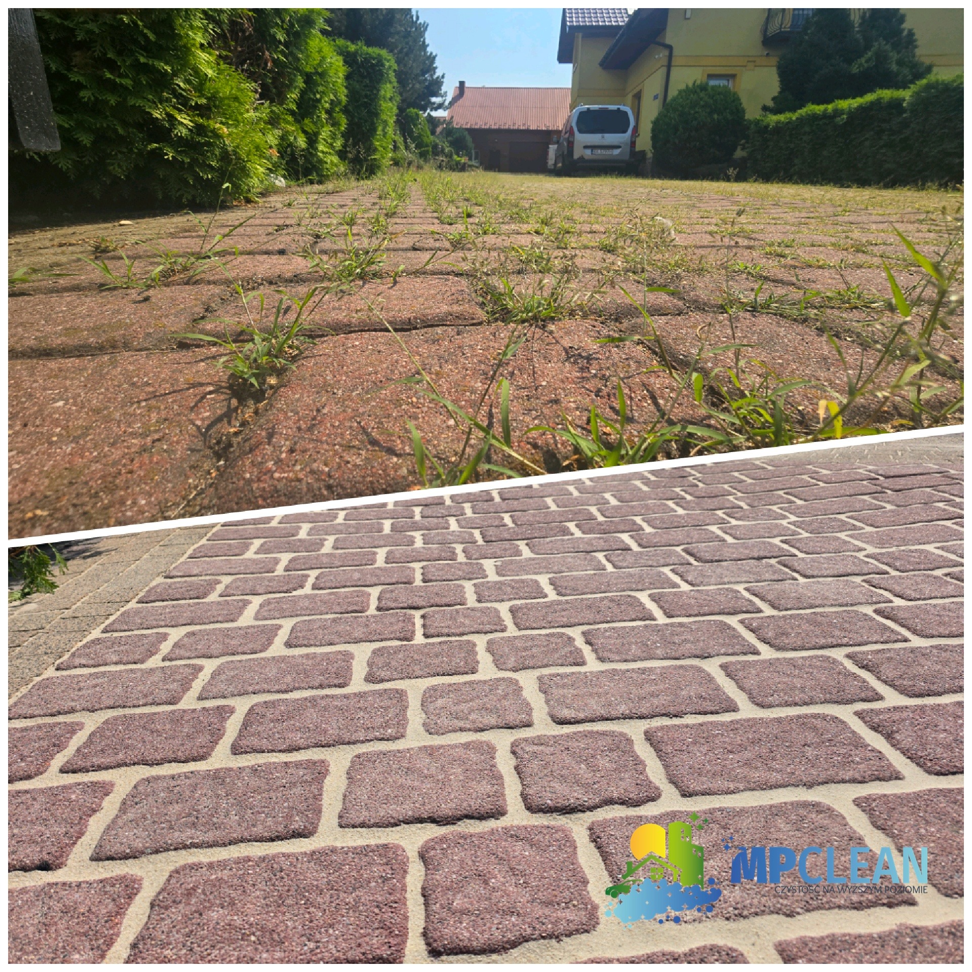 Kostka brukowa przed i po czyszczeniu: zarośnięta chwastami kontra idealnie czysta, z widocznym logo firmy sprzątającej w prawym dolnym rogu.