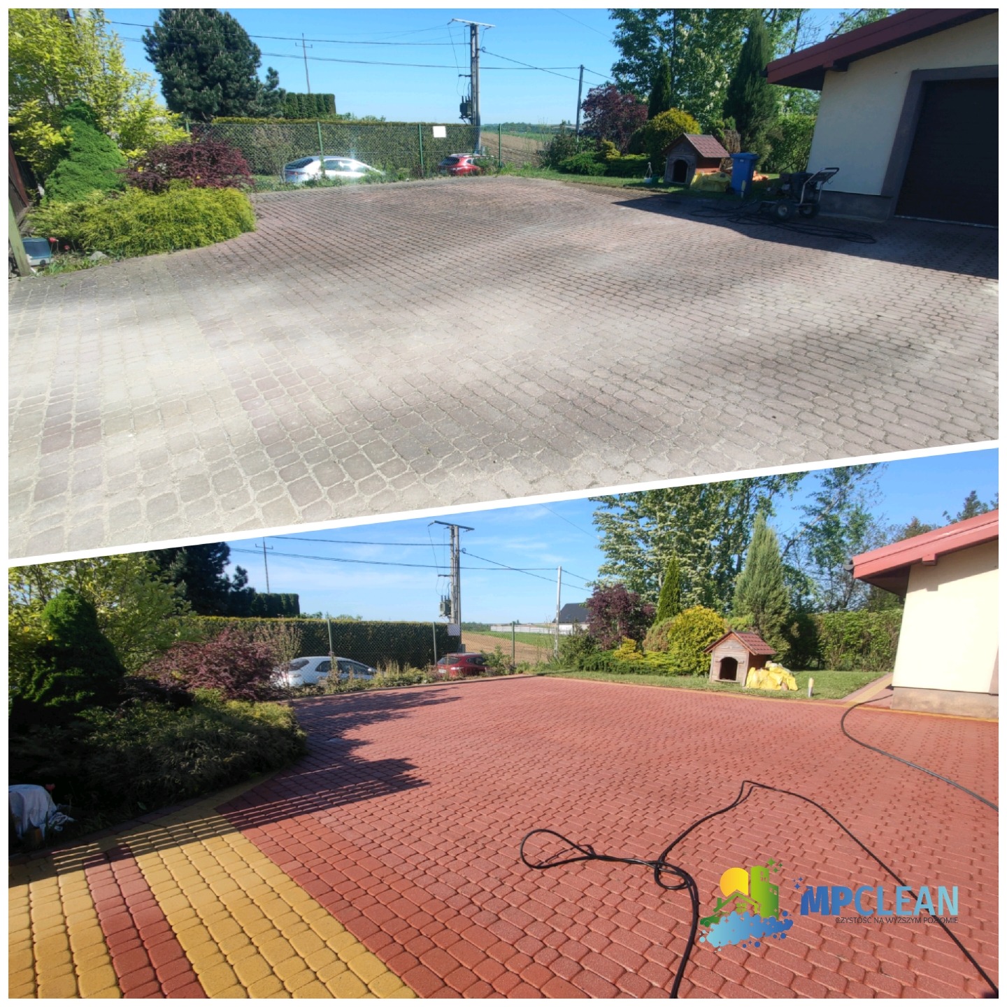 Kostka brukowa przed i po czyszczeniu. Górna część zdjęcia pokazuje brudną kostkę, dolna po czyszczeniu, z widocznymi różnicami w kolorze i czystości.