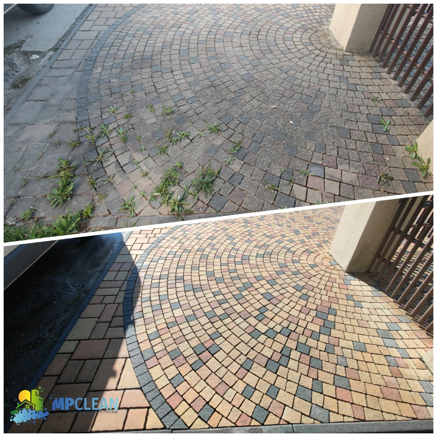 Kostka brukowa przed i po czyszczeniu. Widoczne różnice w kolorze i usunięte zabrudzenia oraz roślinność. Efekt wizualny: odnowiona nawierzchnia.