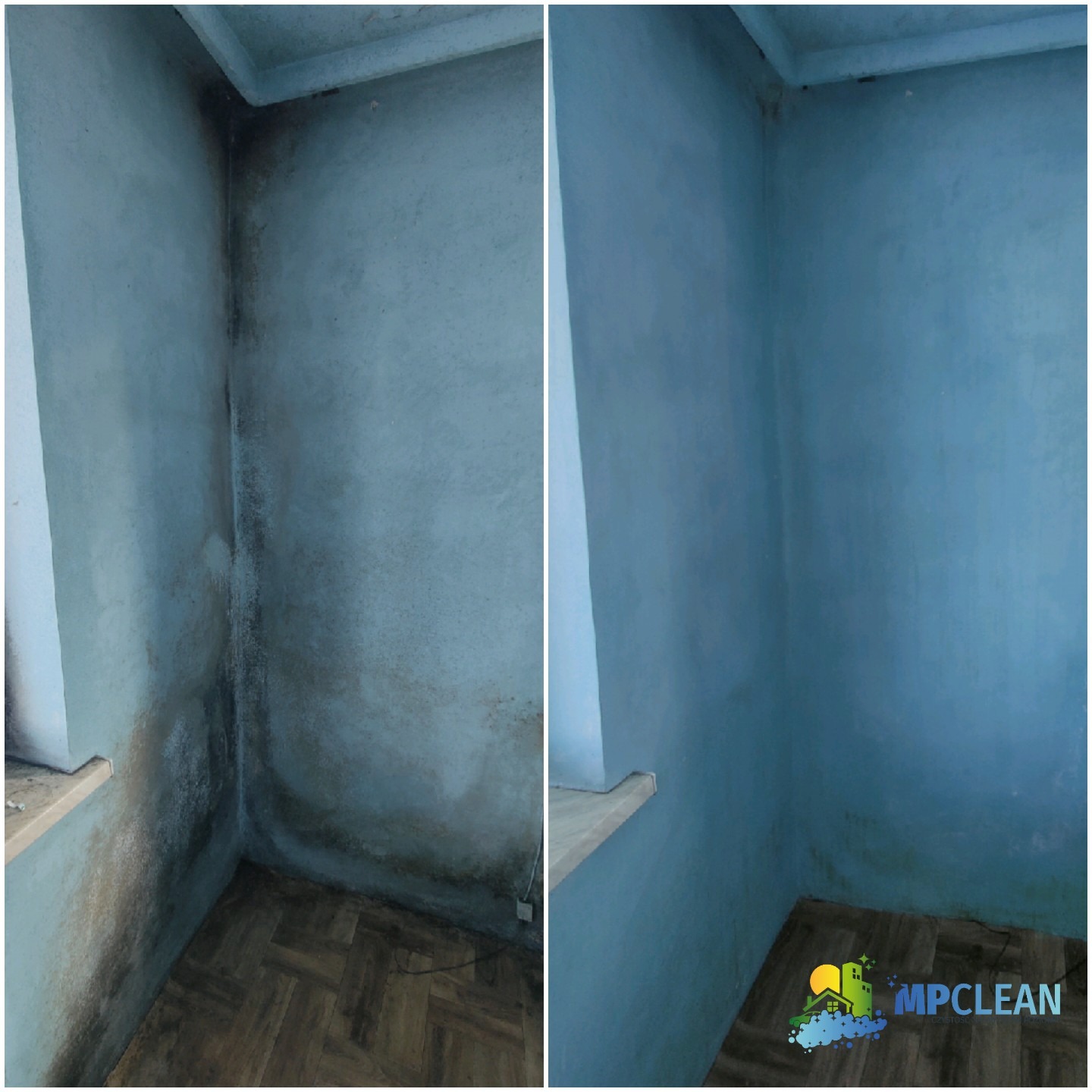 Porównanie ściany przed i po czyszczeniu z pleśni i zabrudzeń. Lewa strona: ślady pleśni, prawa strona: czysta ściana w rogu pokoju z parkietem.