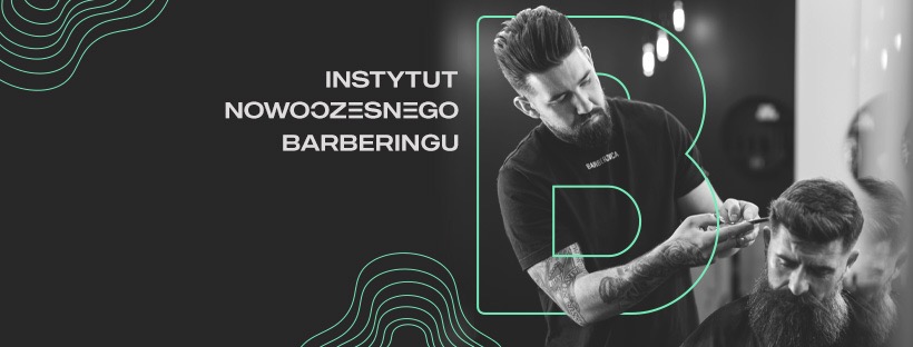 Monochromatyczne ujęcie barbera, w trakcie strzyżenia brody klientowi, z elementami graficznymi i tekstem 'Instytut Nowoczesnego Barberingu'.